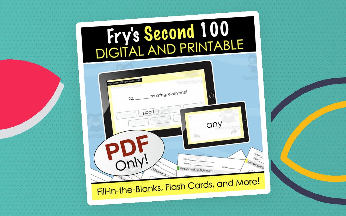 An educational teaching resource from Tom's Talk entitled Fry's Second 100 Sight Words - Digital and Printable Fill-in-the-Blanks Quiz, Digital Flashcards + More downloadable at Teach Simple.