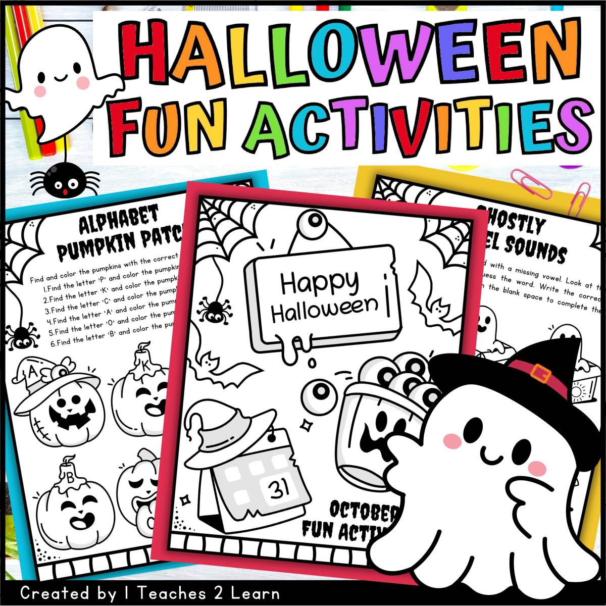 An educational teaching resource from 1 Teaches 2 Learn entitled Fun Halloween Learning Activities for Pre-K to 1st Grade downloadable at Teach Simple.
