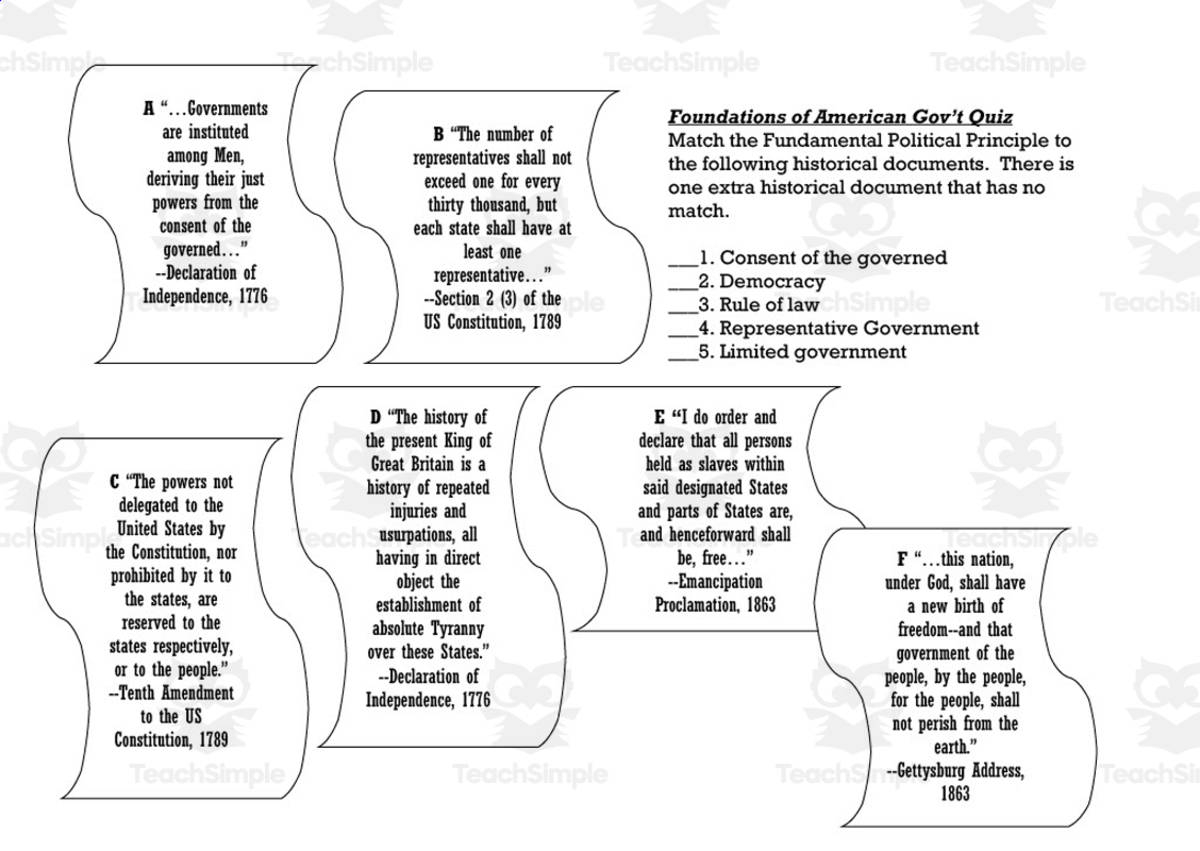 An educational teaching resource from History with DeLong entitled Fun Principles Quiz downloadable at Teach Simple.