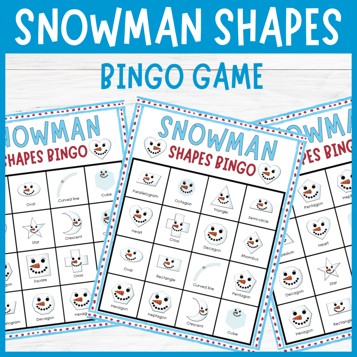 An educational teaching resource from Perfect_Printables entitled Fun Winter 2D Shapes Snowman Bingo Game Holiday Seasonal Math Center downloadable at Teach Simple.