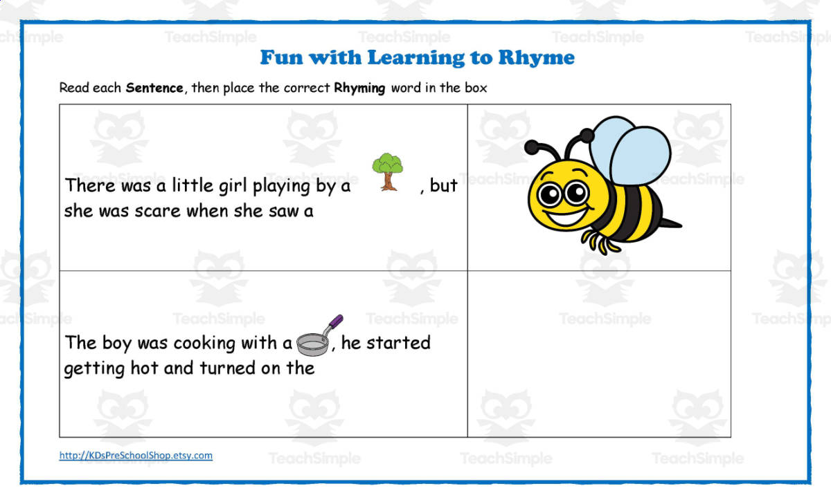 An educational teaching resource from KD's Kids School Shop entitled Fun with Learning to Rhyme Worksheet downloadable at Teach Simple.