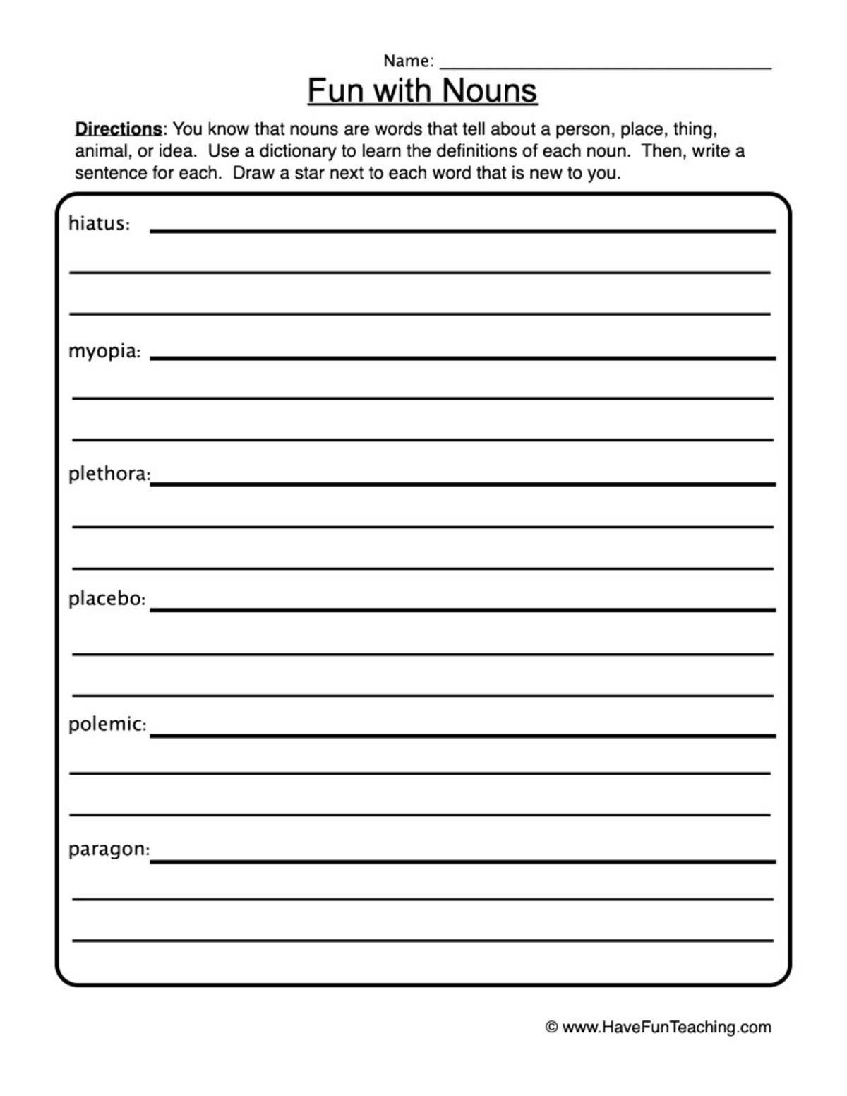 An educational teaching resource from Have Fun Teaching entitled Fun with Nouns Worksheet downloadable at Teach Simple.