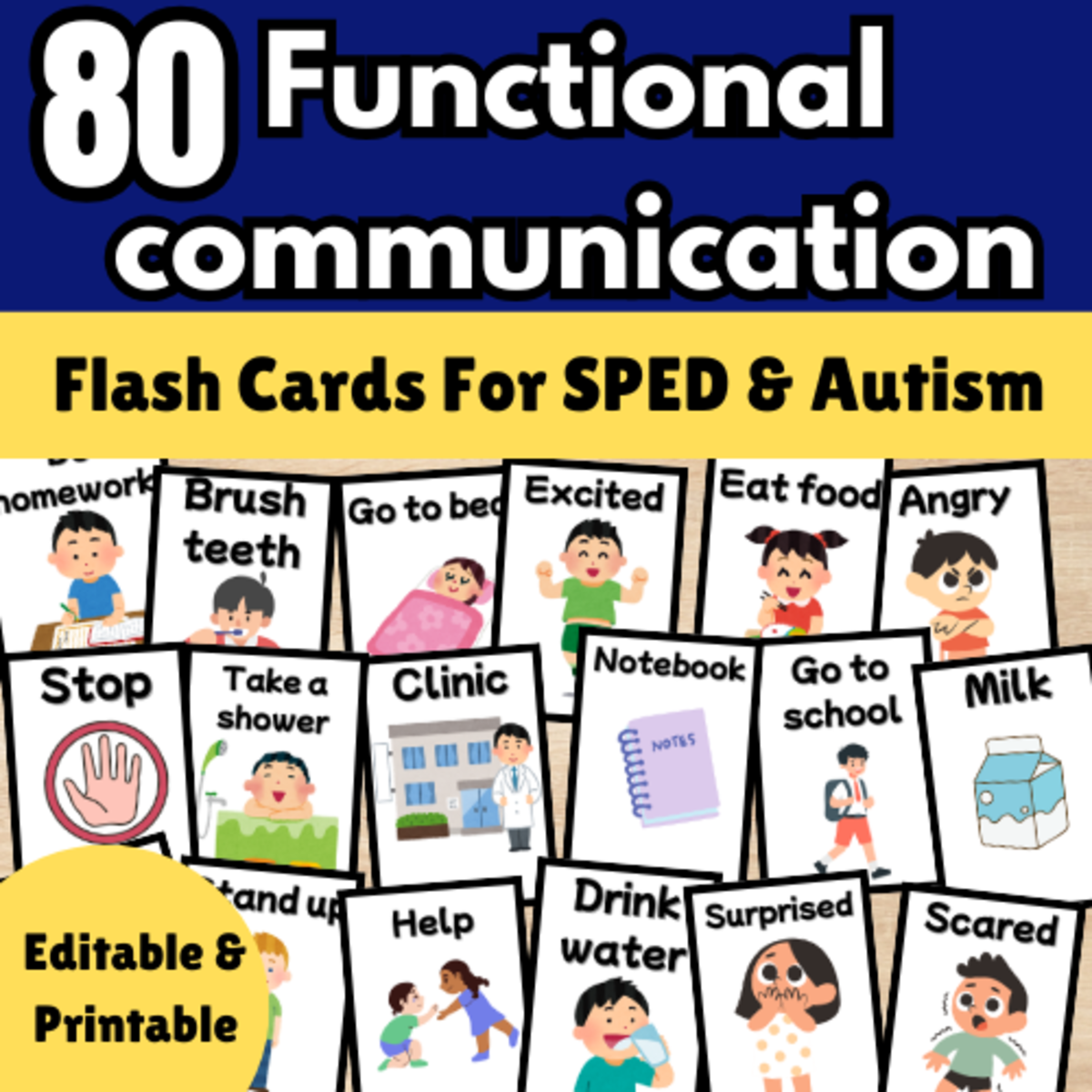 An educational teaching resource from Smart Minds entitled Functional Communication Flash Cards for Autism, SPED downloadable at Teach Simple.