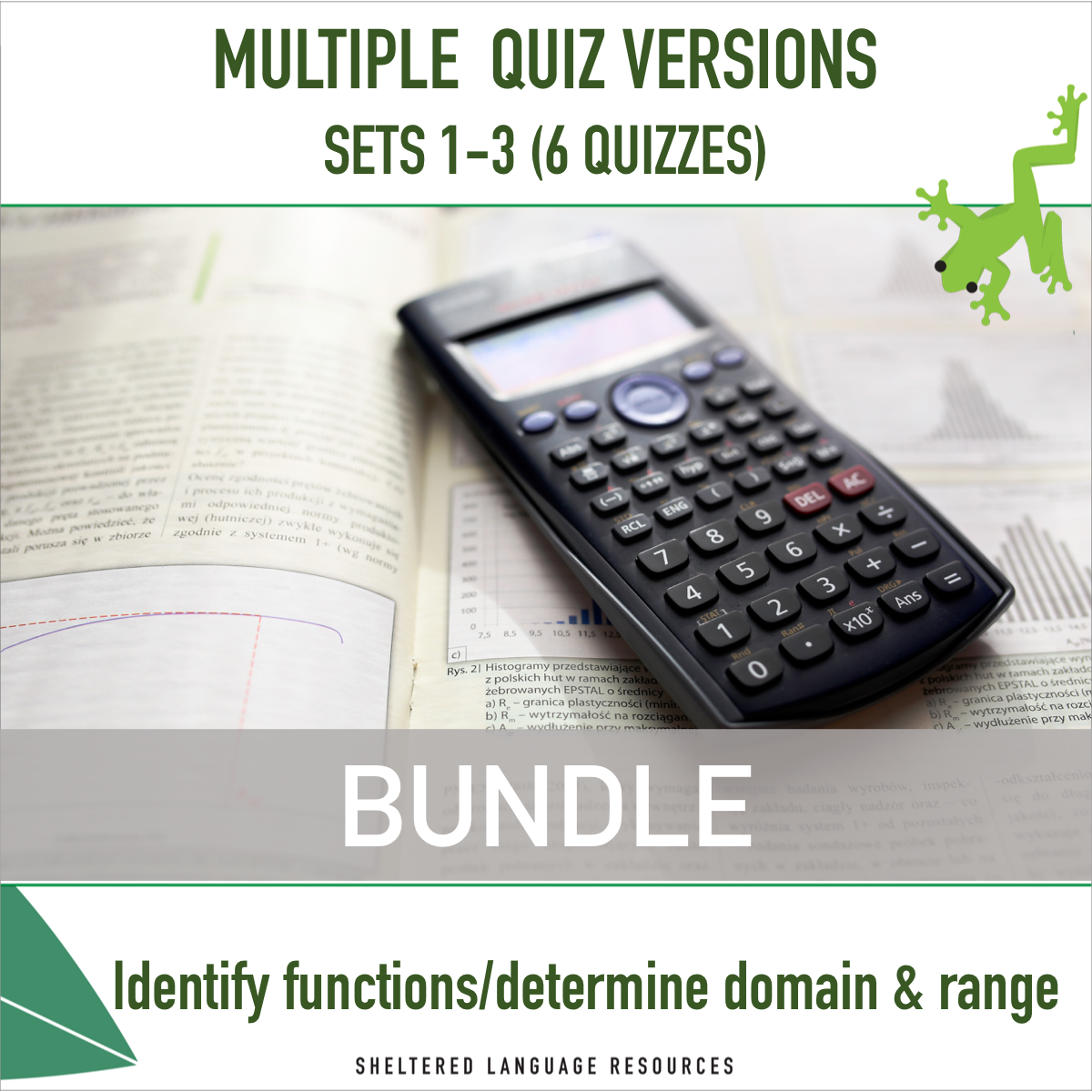 An educational teaching resource from Sheltered Language Resources entitled Functions Domain & Range Quiz - Multiple Versions Bundle downloadable at Teach Simple.