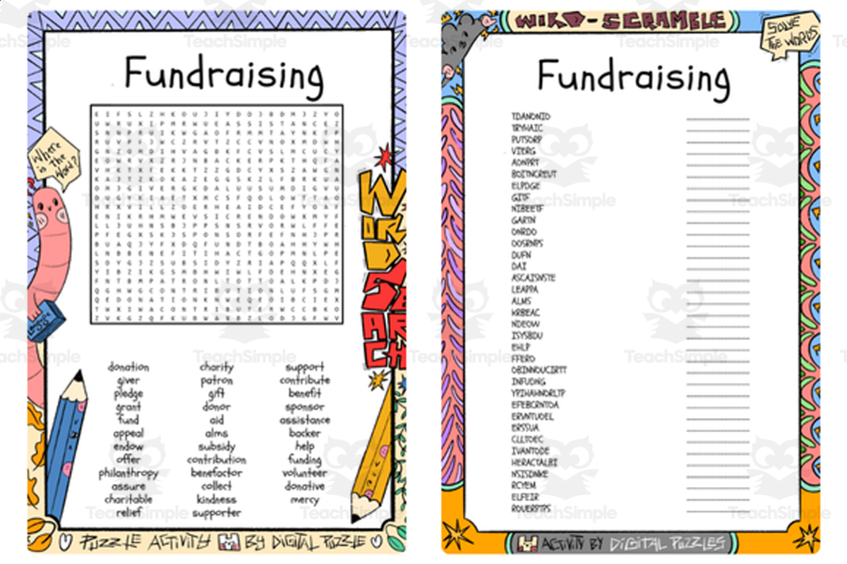 An educational teaching resource from Lapiiin Art Activities entitled Fundraising word search & scramble downloadable at Teach Simple.