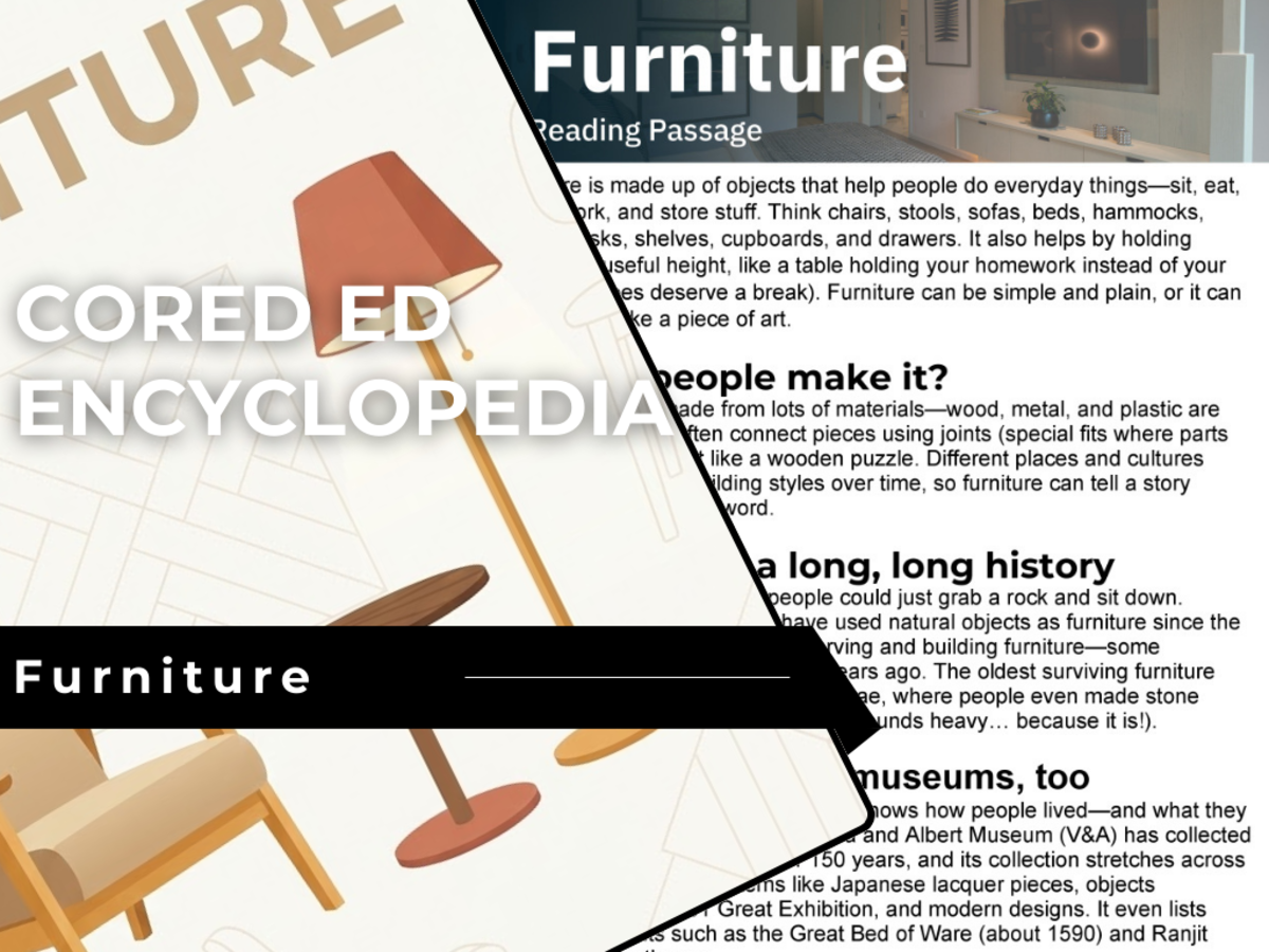 An educational teaching resource from Cored Education entitled Furniture Reading Comprehension Passage - Cored Ed Encyclopedia downloadable at Teach Simple.