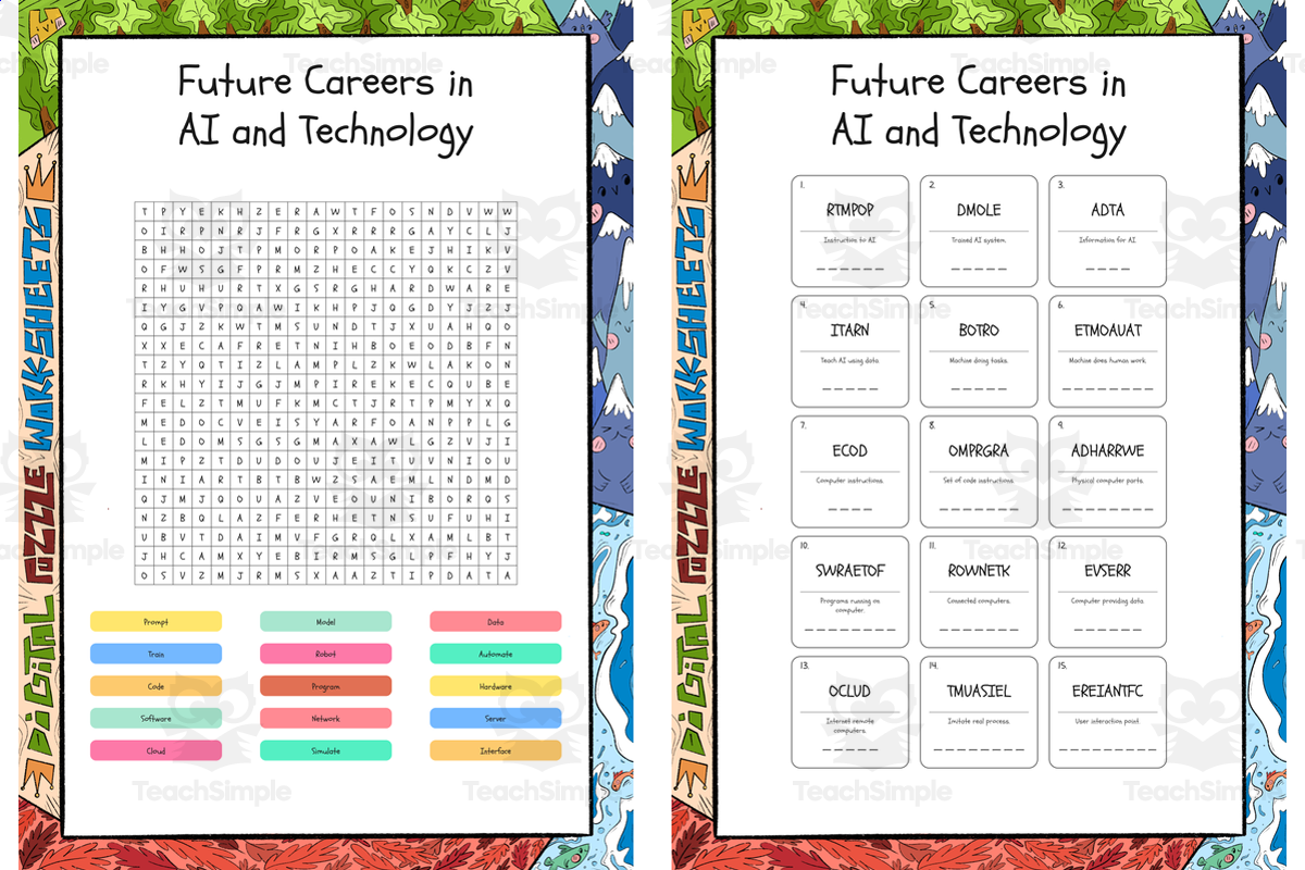 An educational teaching resource from Lapiiin Art Activities entitled Future Careers in AI and Technology word search, scramble and crosswor downloadable at Teach Simple.