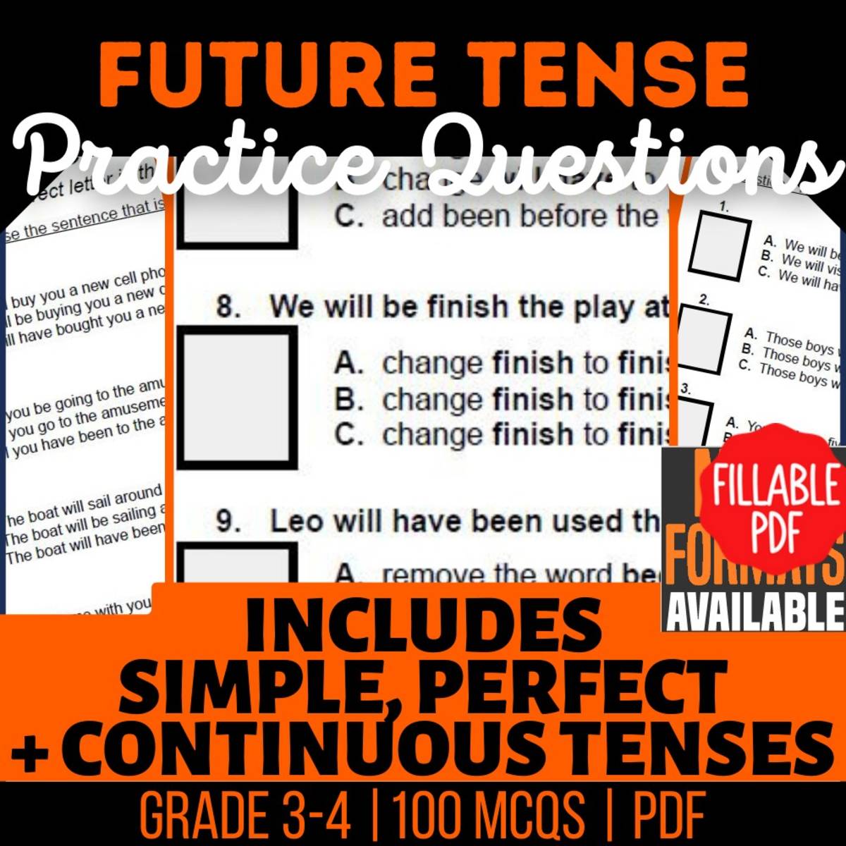 An educational teaching resource from Cored Education entitled Future Tense Practice Questions - Grammar Grade 3-4 (Fillable PDF) downloadable at Teach Simple.