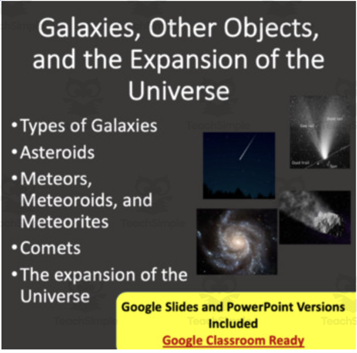 An educational teaching resource from Teach With Fergy entitled Galaxies, Other Objects and the Universe - Google Slides and PowerPoint Lesson downloadable at Teach Simple.
