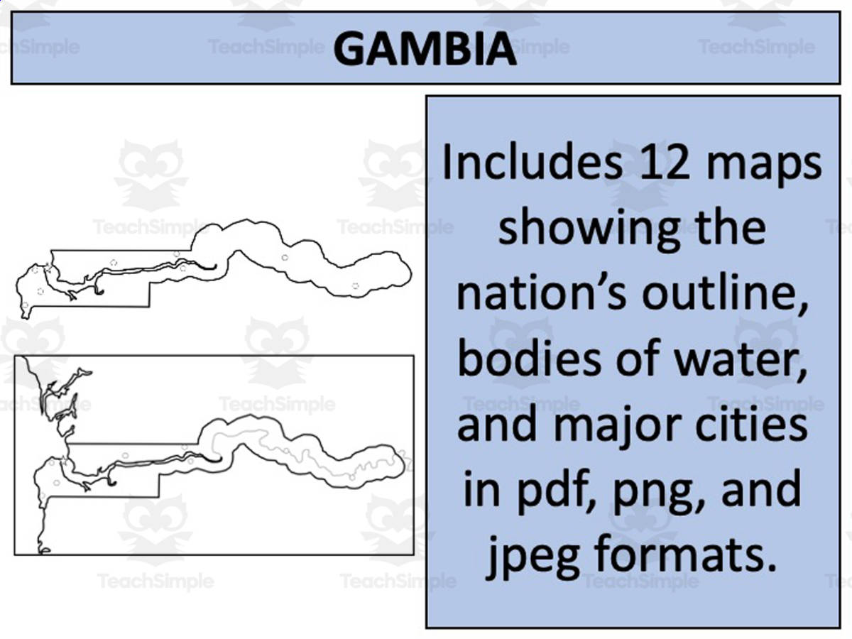 An educational teaching resource from Mr Gray History entitled Gambia Map Resources downloadable at Teach Simple.
