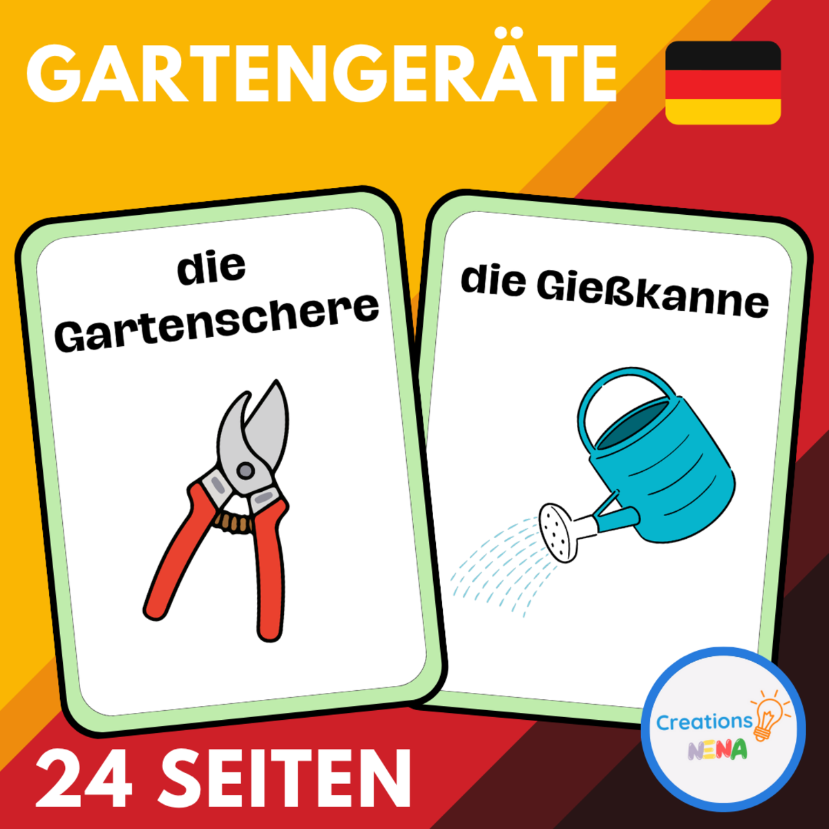 An educational teaching resource from Nena Creations entitled Garden Tools Vocabulary in German downloadable at Teach Simple.