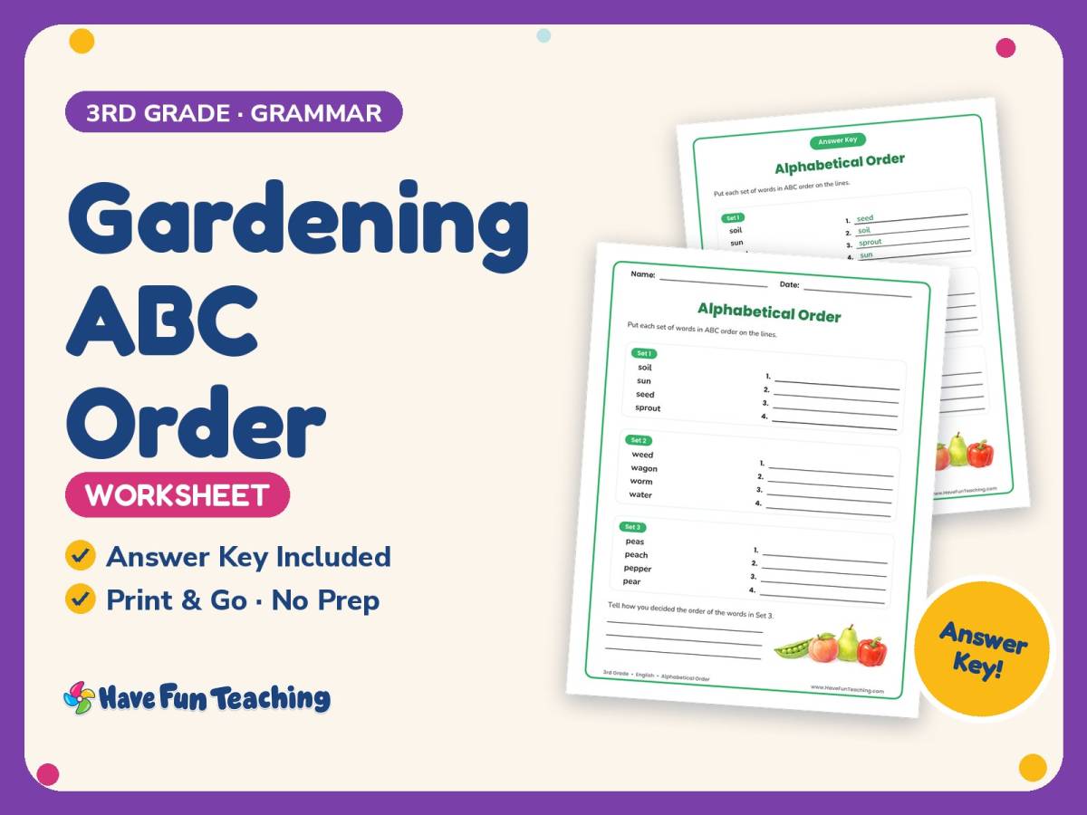 Gardening ABC Order Worksheet – 3rd Grade Alphabetical Order Practice preview