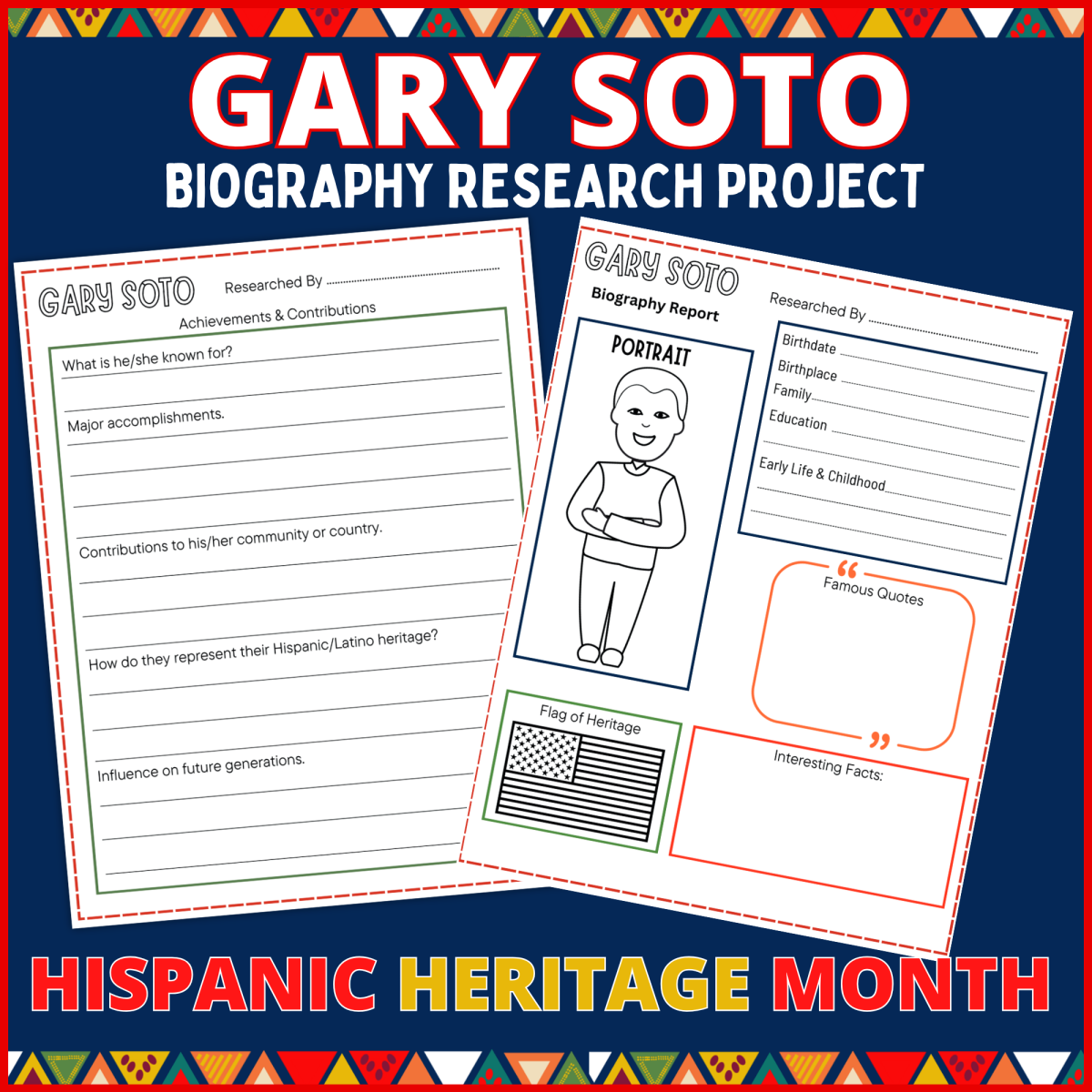 An educational teaching resource from Perfect_Printables entitled Gary Soto Biography research project hispanic heritage month downloadable at Teach Simple.