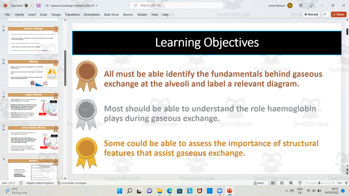 An educational teaching resource from The PE Tutor entitled Gaseous Exchange in The Body downloadable at Teach Simple.