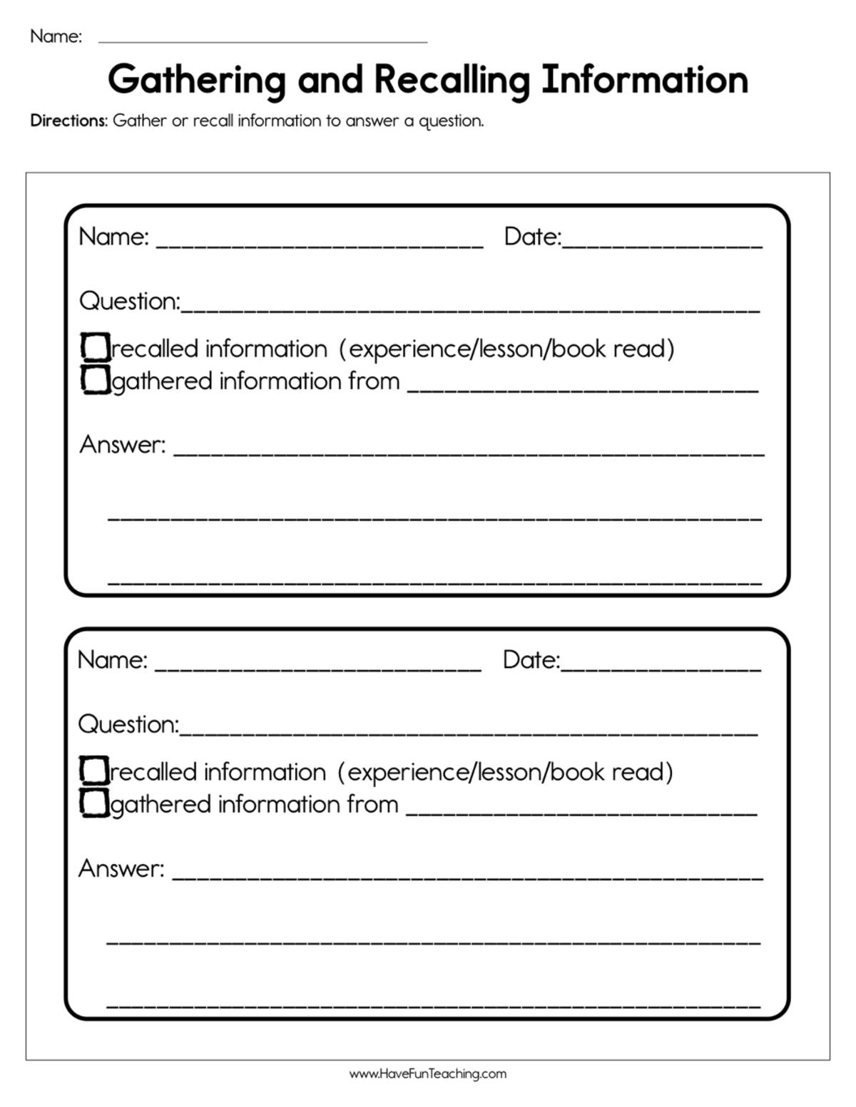 An educational teaching resource from Have Fun Teaching entitled Gathering and Recalling Information Worksheet downloadable at Teach Simple.