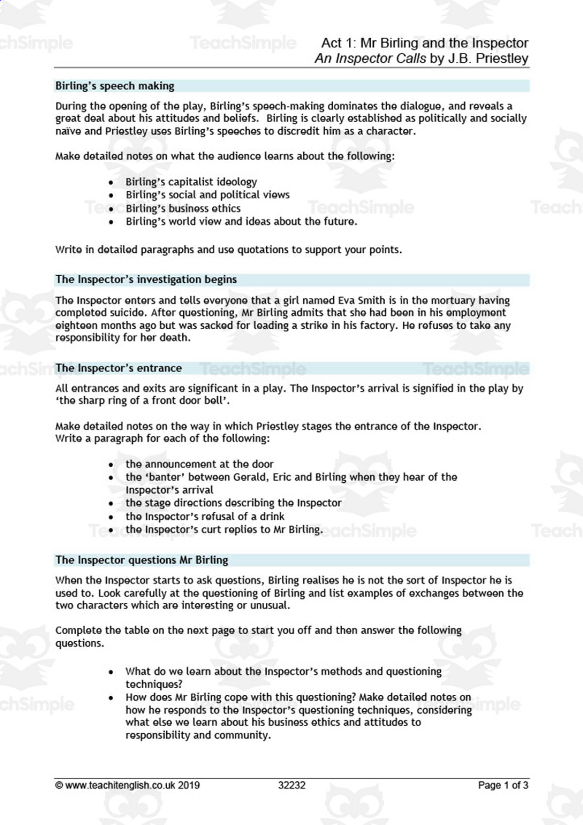 An educational teaching resource from Flynn's Educational entitled GCSE Literature: An Inspector Calls | Act 1 - Mr. Birling and the Inspector Analysis Worksheet downloadable at Teach Simple.