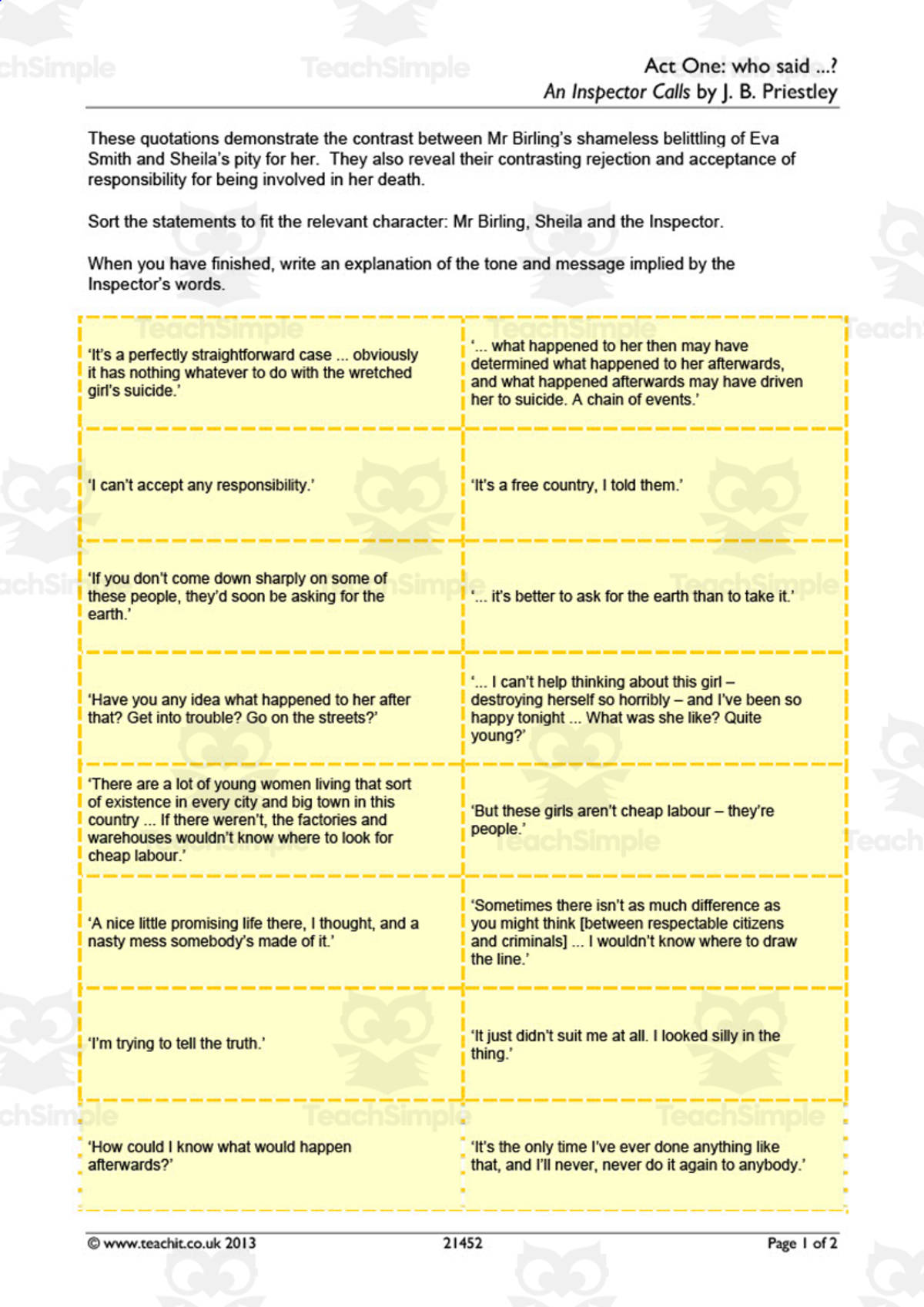 An educational teaching resource from Flynn's Educational entitled GCSE Literature: An Inspector Calls | Act 1 Quotation Worksheet downloadable at Teach Simple.