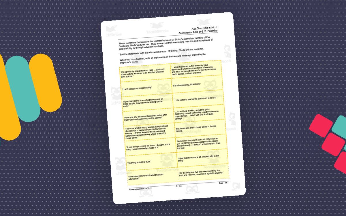 An educational teaching resource from Flynn's Educational entitled GCSE Literature: An Inspector Calls | Act 1 Quotation Worksheet downloadable at Teach Simple.
