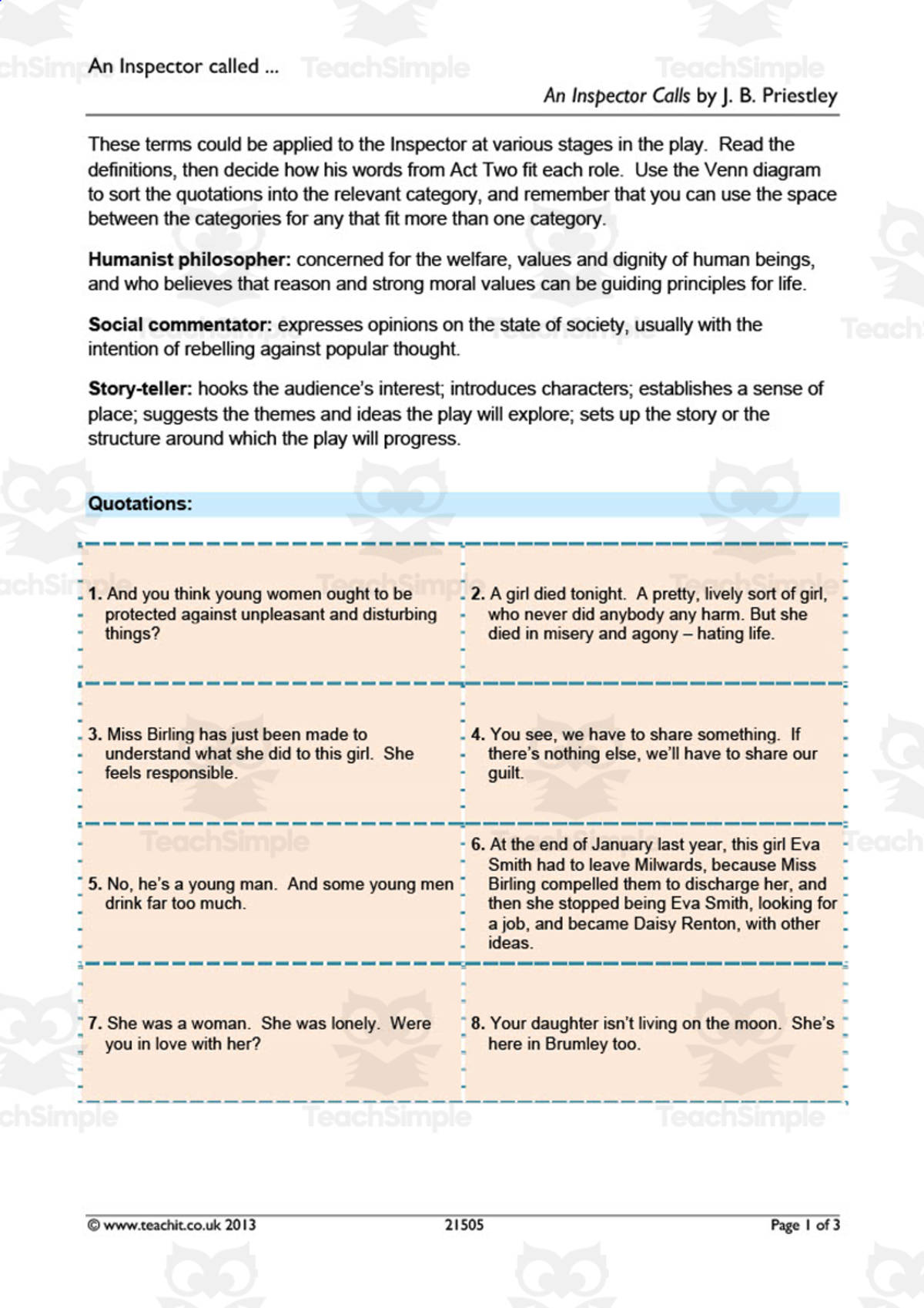 An educational teaching resource from Flynn's Educational entitled GCSE Literature: An Inspector Calls | Act 2 Quotations Worksheet downloadable at Teach Simple.