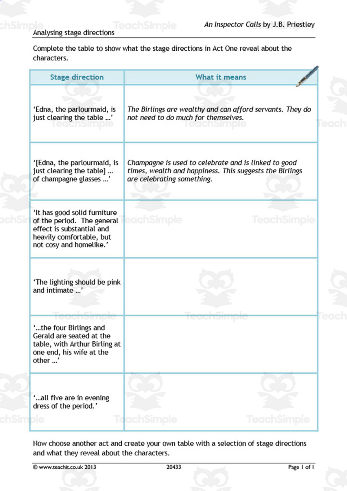 An educational teaching resource from Flynn's Educational entitled GCSE Literature: An Inspector Calls | Analyzing Stage Directions Worksheet downloadable at Teach Simple.