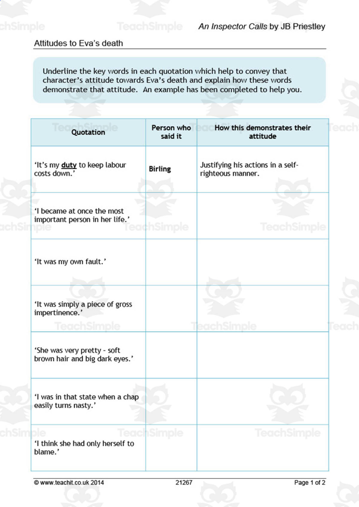 An educational teaching resource from Flynn's Educational entitled GCSE Literature: An Inspector Calls | Attitudes to Eva's Death Worksheet downloadable at Teach Simple.