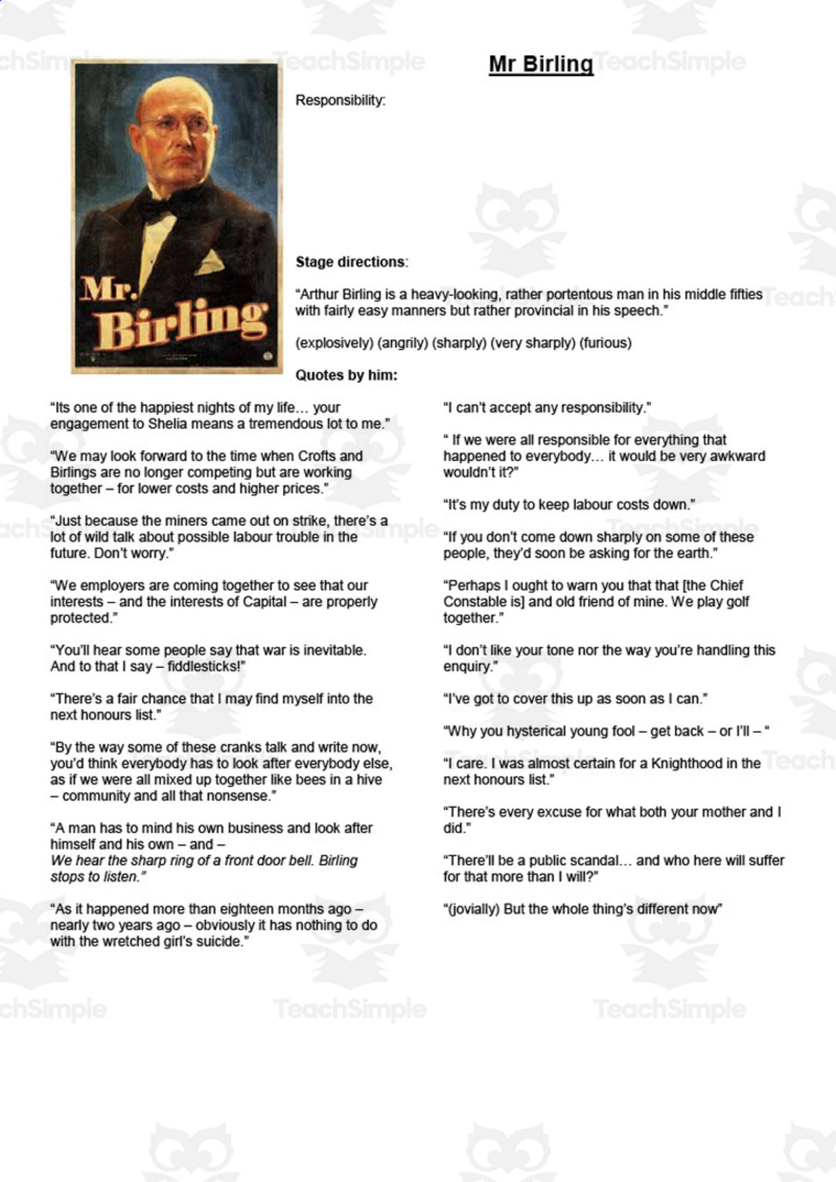 An educational teaching resource from Flynn's Educational entitled GCSE Literature: An Inspector Calls | Character Quote Worksheet downloadable at Teach Simple.