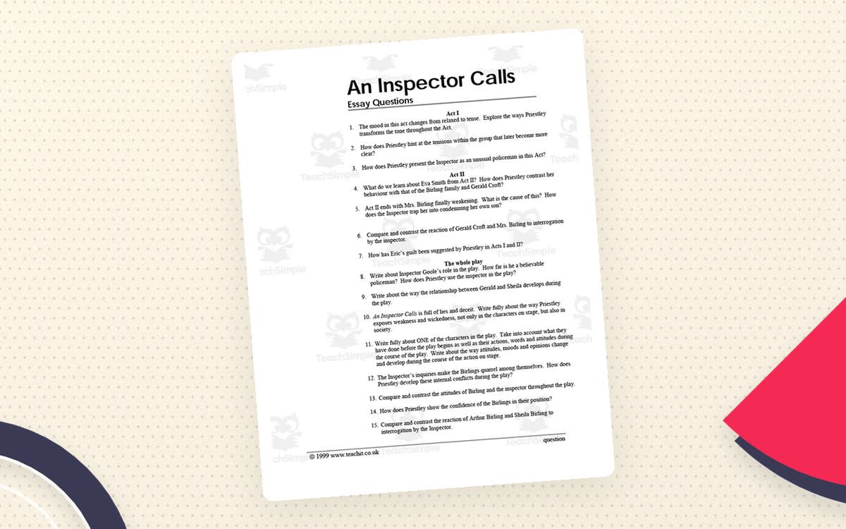 An educational teaching resource from Flynn's Educational entitled GCSE Literature: An Inspector Calls | Essay Questions downloadable at Teach Simple.