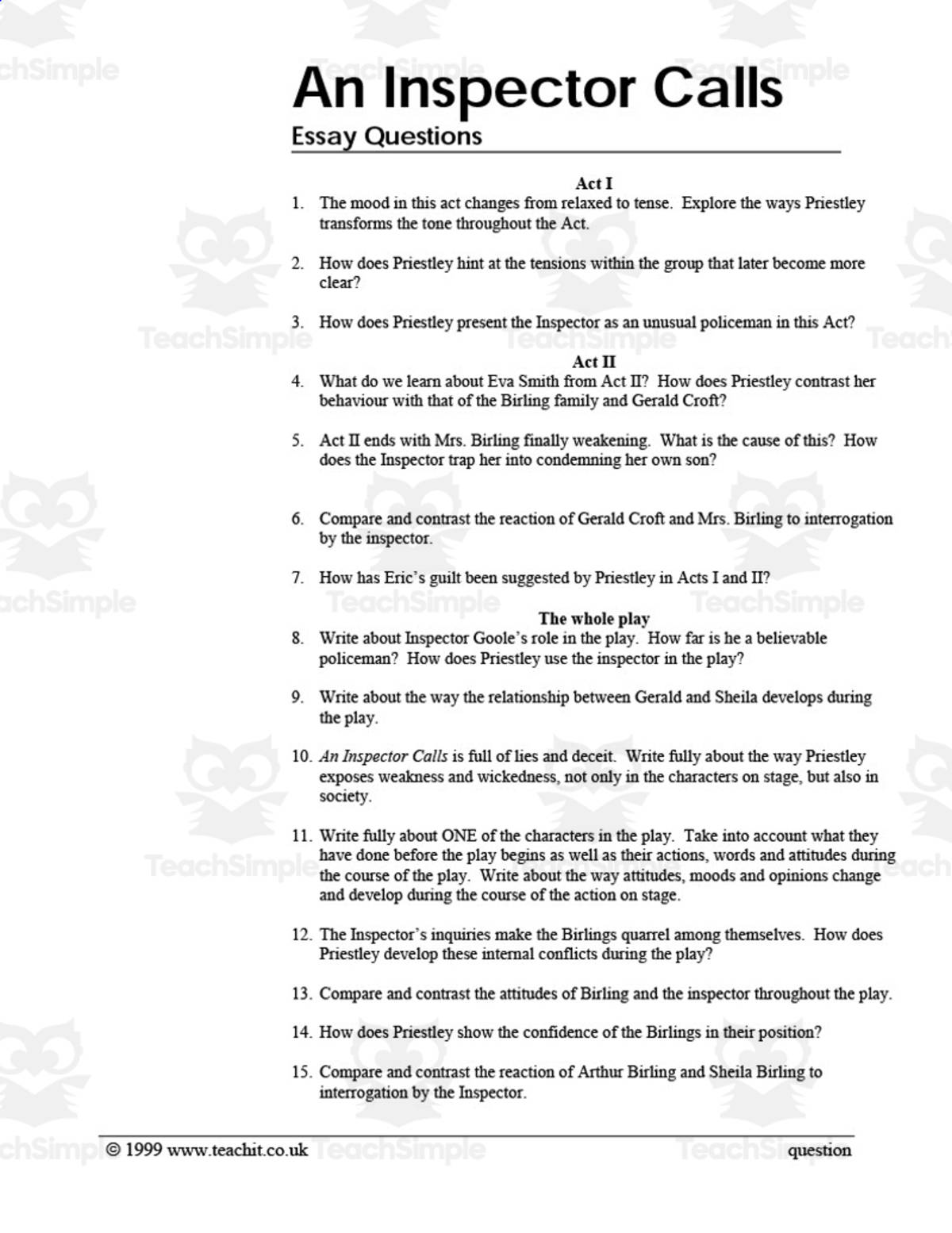 An educational teaching resource from Flynn's Educational entitled GCSE Literature: An Inspector Calls | Essay Questions downloadable at Teach Simple.