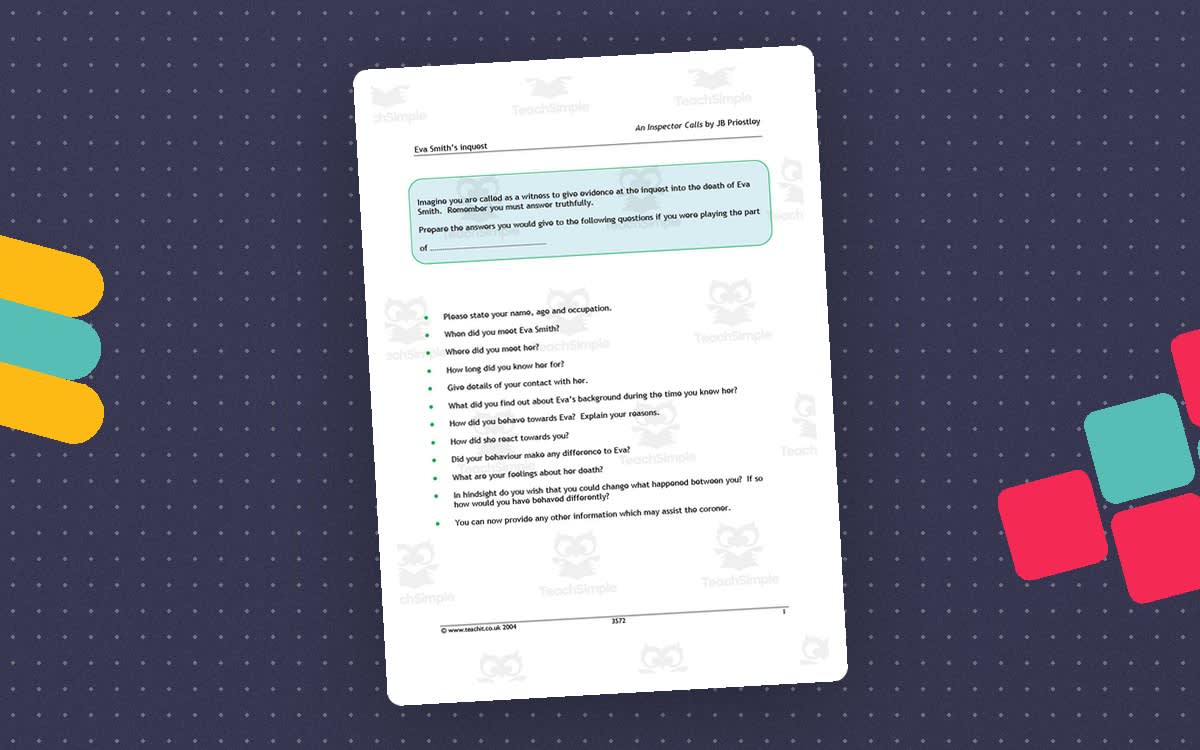 An educational teaching resource from Flynn's Educational entitled GCSE Literature: An Inspector Calls | Eva Smith's Inquest Worksheet downloadable at Teach Simple.