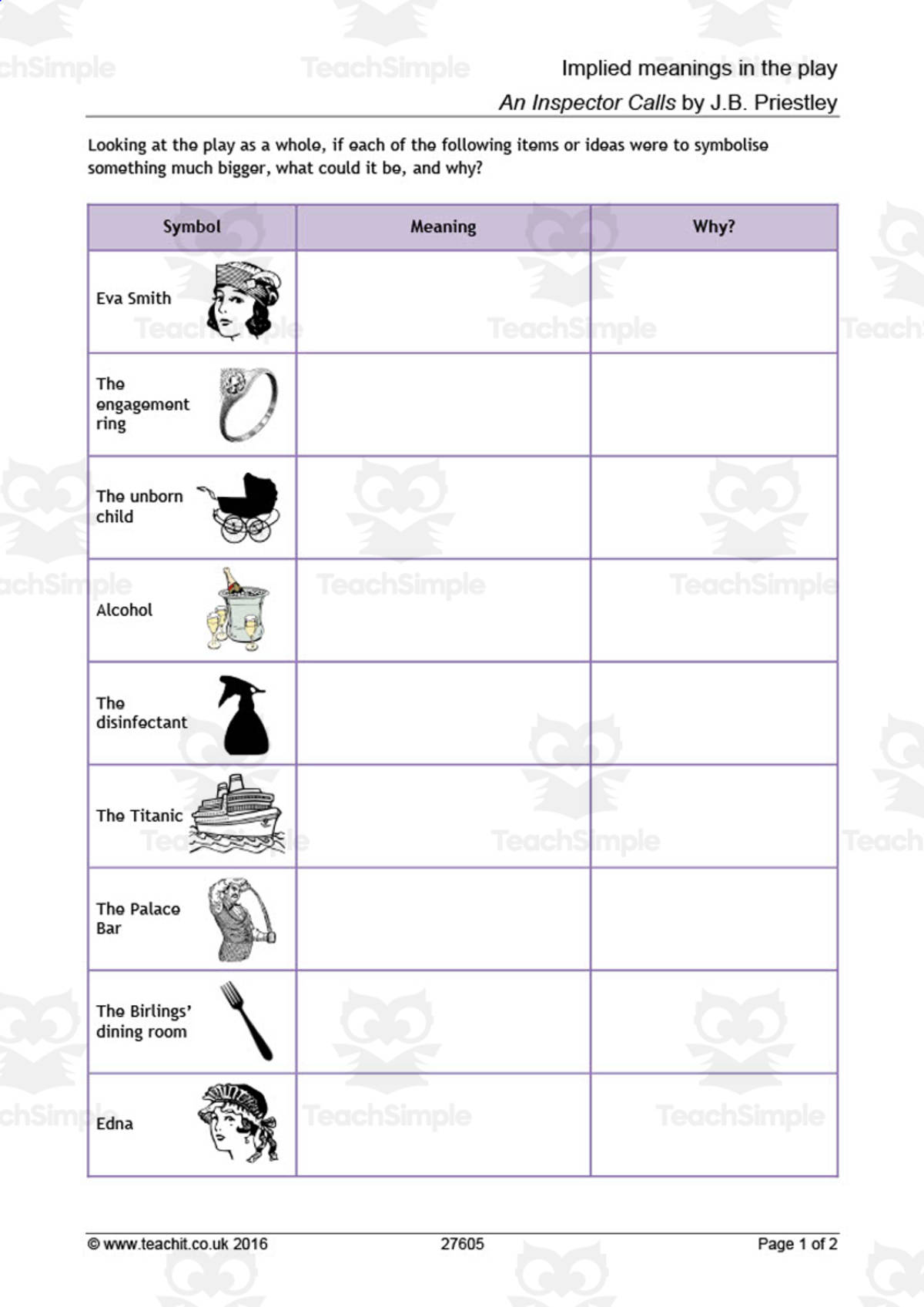 An educational teaching resource from Flynn's Educational entitled GCSE Literature: An Inspector Calls | Implied Meanings in the Play Worksheet downloadable at Teach Simple.