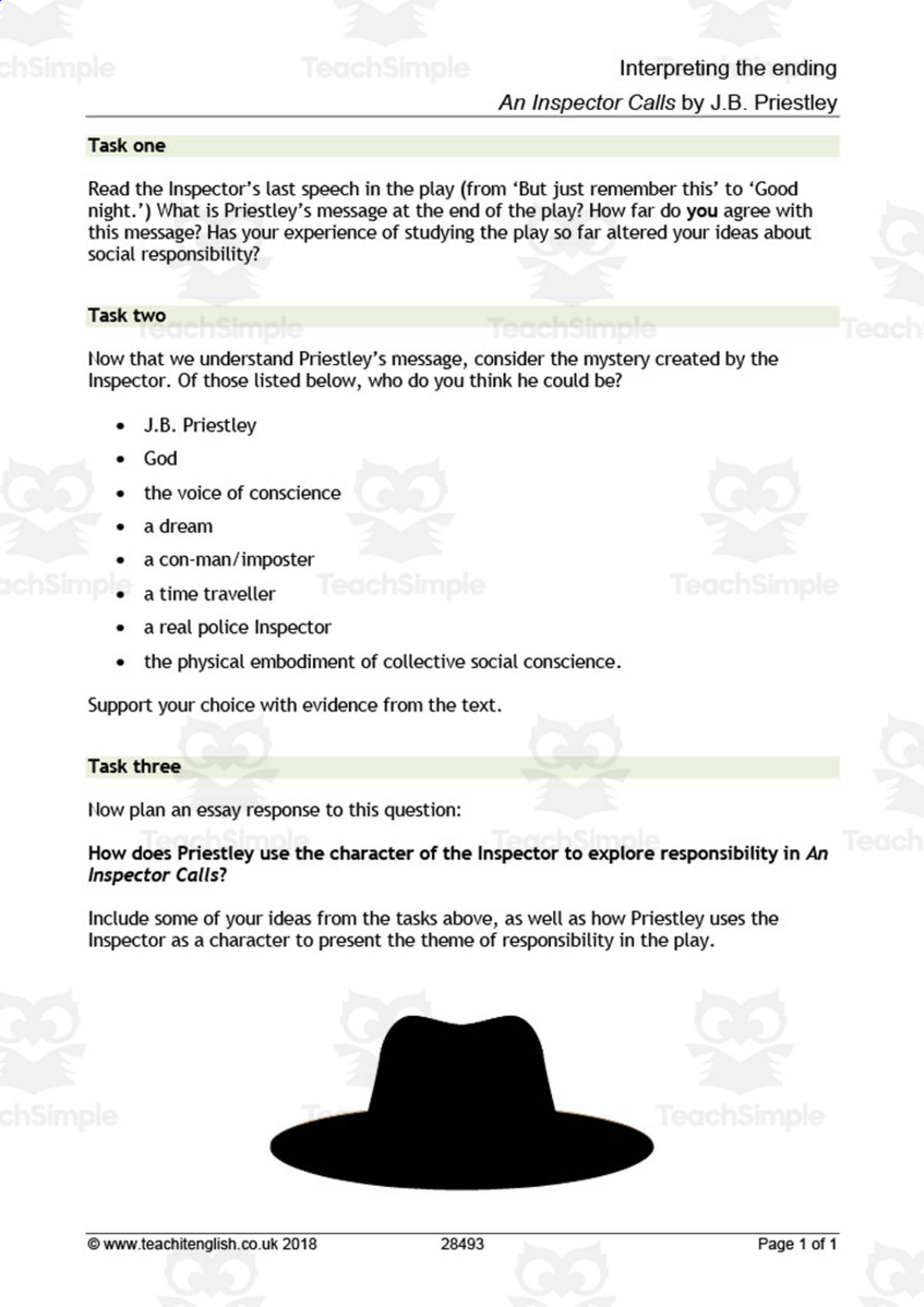 An educational teaching resource from Flynn's Educational entitled GCSE Literature: An Inspector Calls | Interpreting the Ending Worksheet downloadable at Teach Simple.