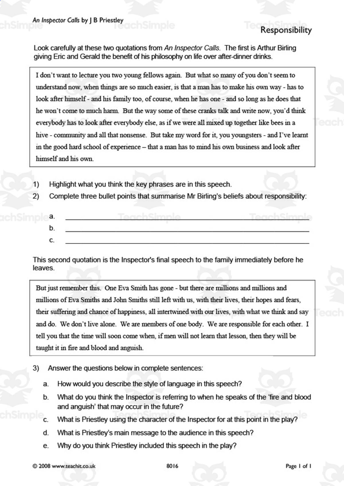 An educational teaching resource from Flynn's Educational entitled GCSE Literature: An Inspector Calls | Responsibility Worksheet downloadable at Teach Simple.