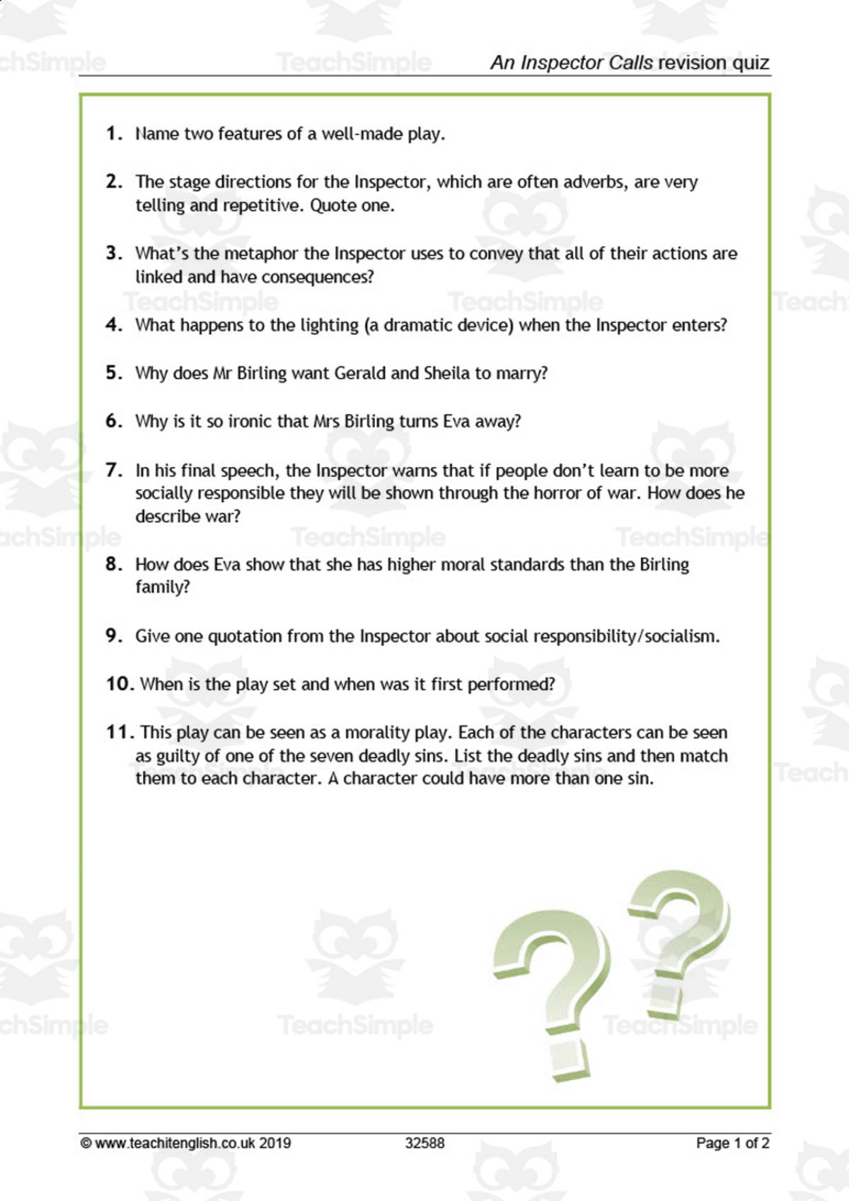 An educational teaching resource from Flynn's Educational entitled GCSE Literature: An Inspector Calls | Revision Quiz downloadable at Teach Simple.