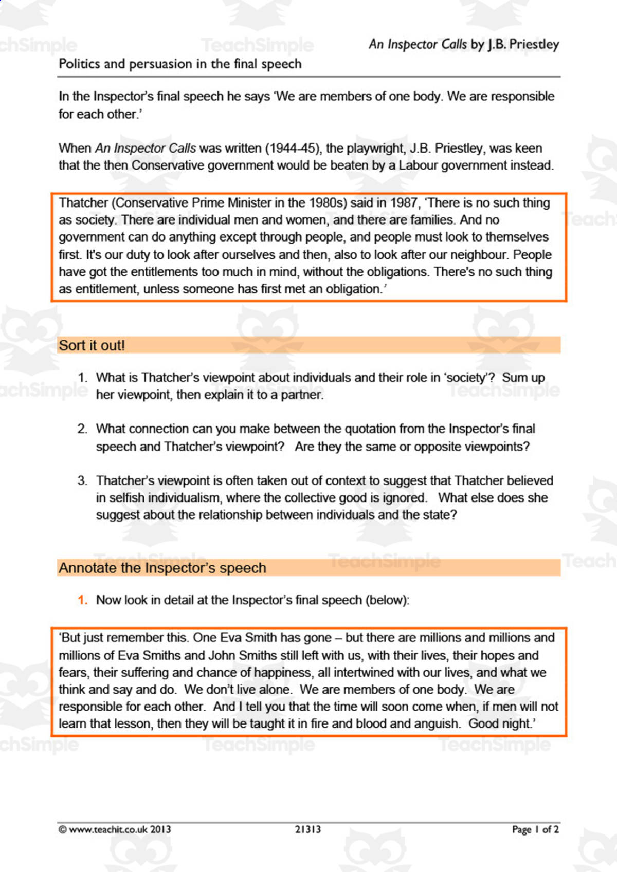 An educational teaching resource from Flynn's Educational entitled GCSE Literature: An Inspector Calls | The Final Speech downloadable at Teach Simple.
