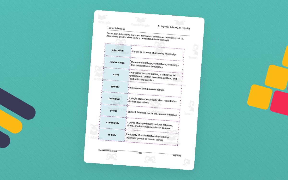 An educational teaching resource from Flynn's Educational entitled GCSE Literature: An Inspector Calls | Theme Definitions Worksheet downloadable at Teach Simple.