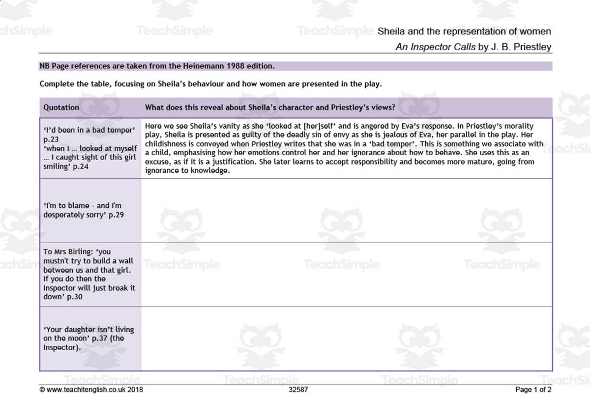 An educational teaching resource from Flynn's Educational entitled GCSE Literature: An Inspector Calls | Women Representation Worksheet downloadable at Teach Simple.