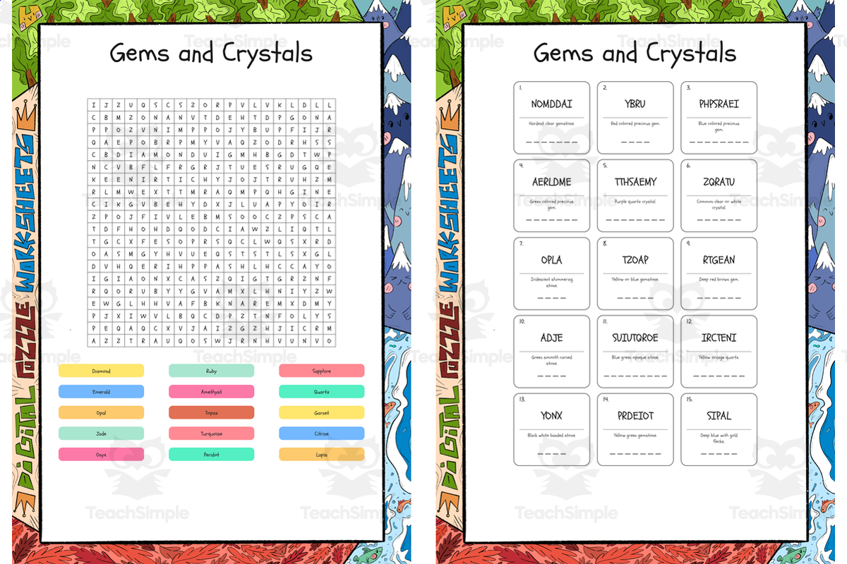 An educational teaching resource from Lapiiin Art Activities entitled Gems and Crystals word search, scramble and crossword puzzle downloadable at Teach Simple.