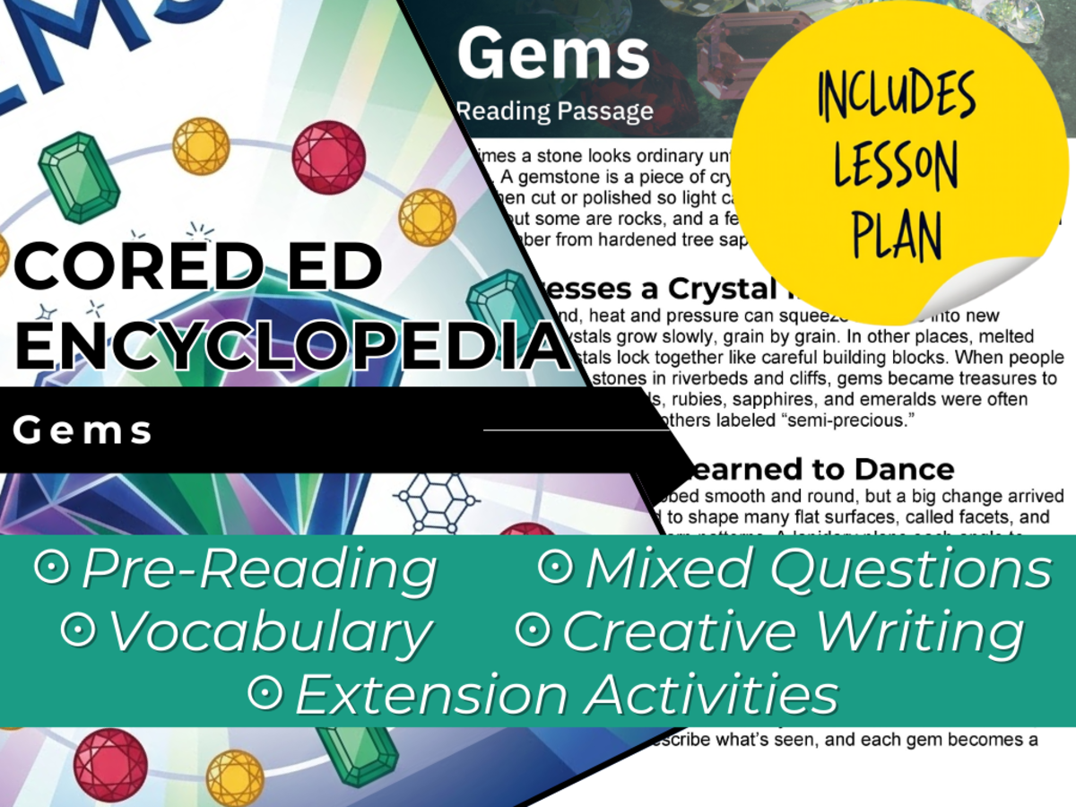 An educational teaching resource from Cored Education entitled Gems Reading Comprehension Passage - Cored Ed Encyclopedia downloadable at Teach Simple.