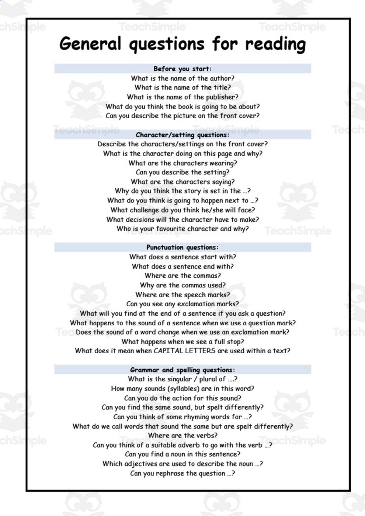An educational teaching resource from Elementary Resources 4 U entitled General Questions for Reading downloadable at Teach Simple.