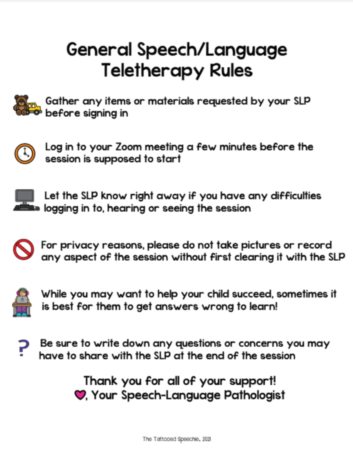 An educational teaching resource from The Tattooed Speechie entitled general Speech/Language Teletherapy Rules downloadable at Teach Simple.