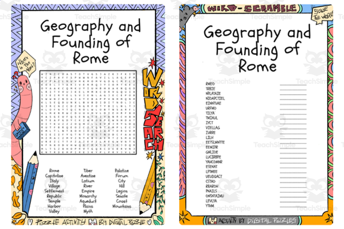 An educational teaching resource from Lapiiin Art Activities entitled Geography and Founding of Rome word search & scramble downloadable at Teach Simple.