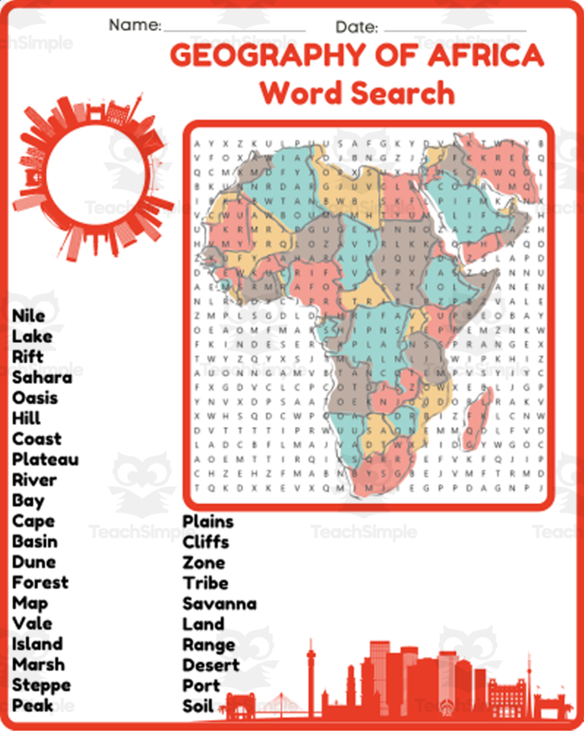 An educational teaching resource from space shope entitled GEOGRAPHY OF AFRICA - 54 African Countries Word Search Worksheet downloadable at Teach Simple.