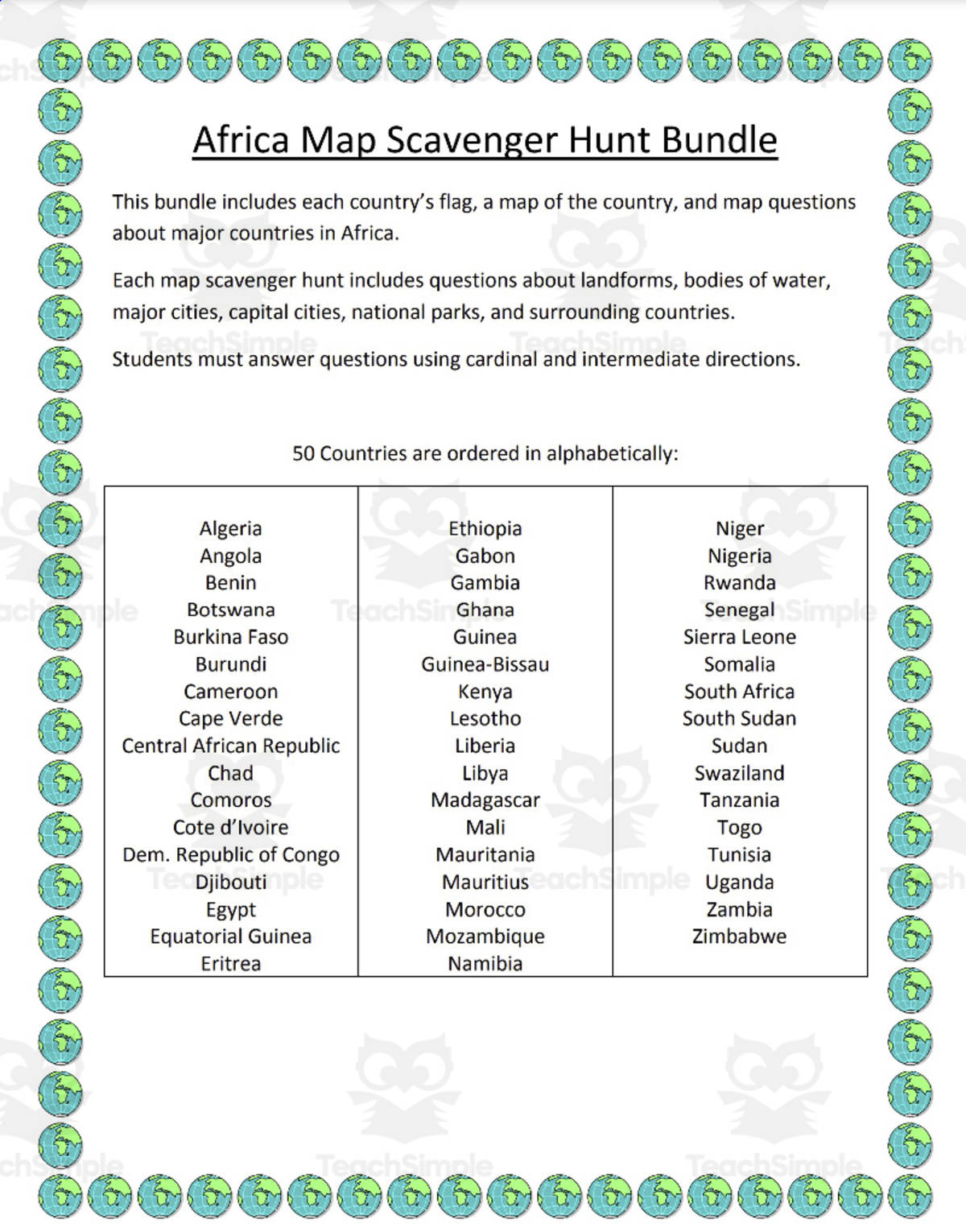 An educational teaching resource from Mr. Matthews Teacher Store entitled Geography Scavanger Hunt: Africa downloadable at Teach Simple.