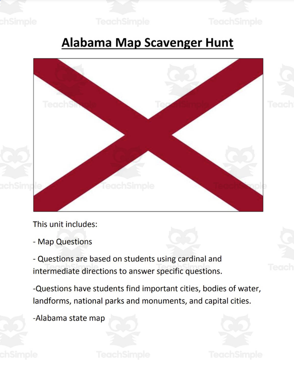 An educational teaching resource from Mr. Matthews Teacher Store entitled Geography Scavanger Hunt: Alabama downloadable at Teach Simple.