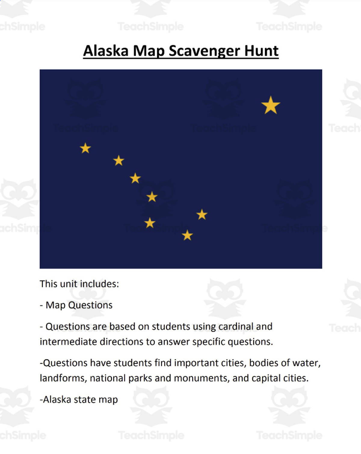 An educational teaching resource from Mr. Matthews Teacher Store entitled Geography Scavanger Hunt: Alaska downloadable at Teach Simple.