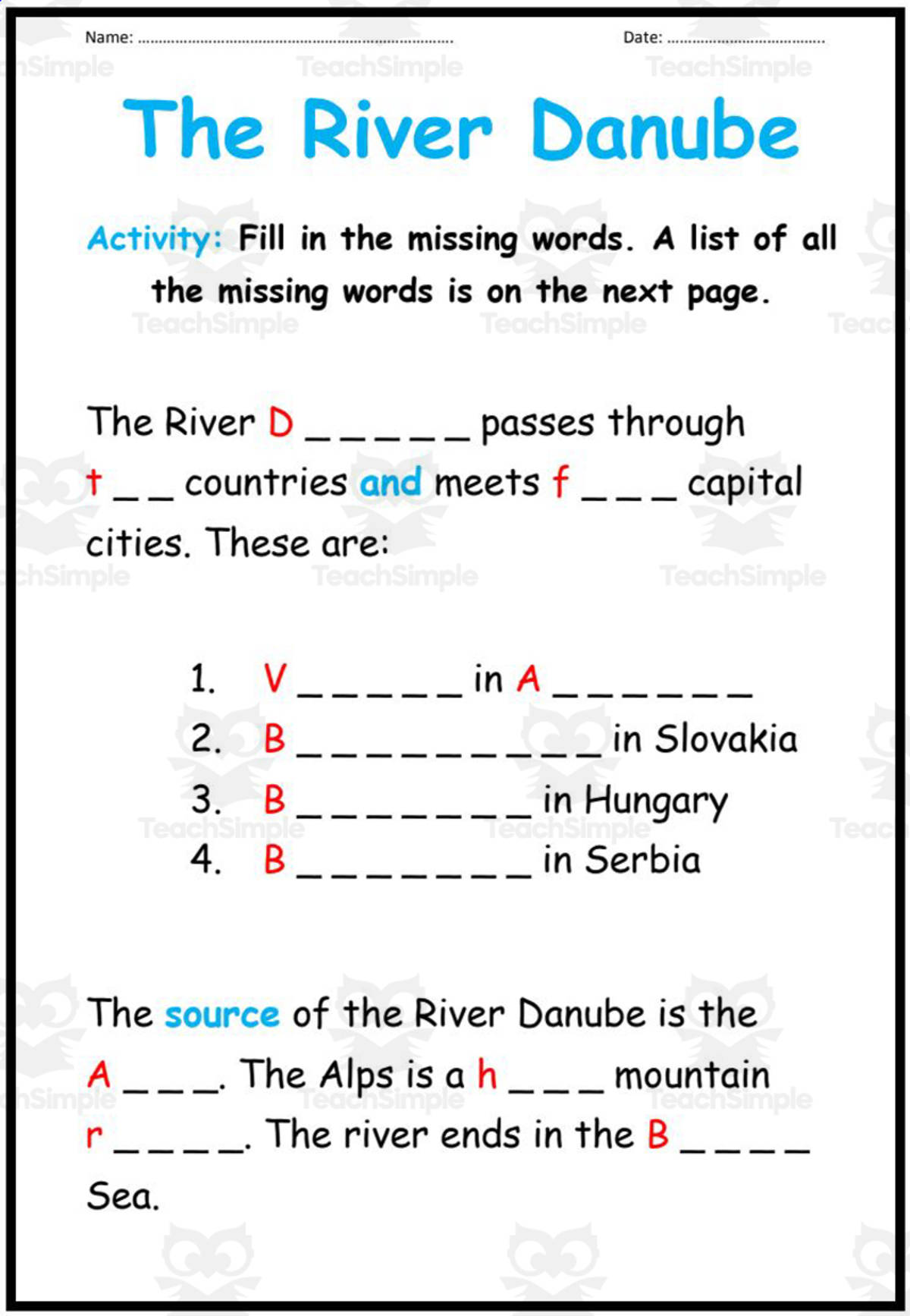 An educational teaching resource from Elementary Resources 4 U entitled Geography: The River Danube downloadable at Teach Simple.