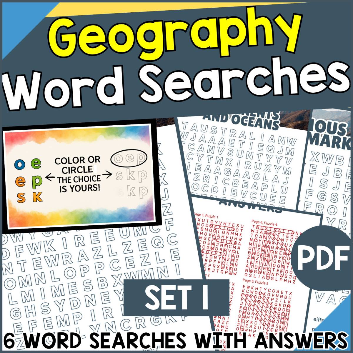 An educational teaching resource from Cored Education entitled Geography Word Searches - Set 1 (PDF) downloadable at Teach Simple.