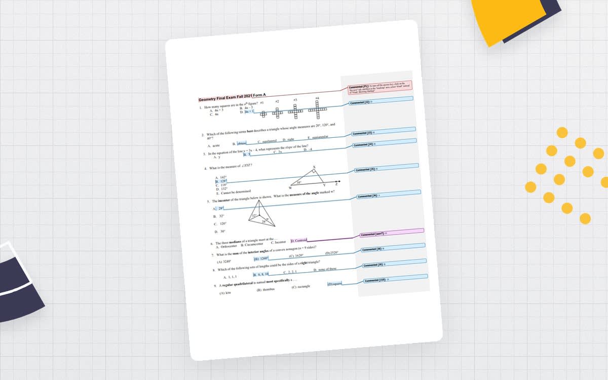 An educational teaching resource from Peter Jonnard entitled Geometry Final Exam with Answer Key (Fall) downloadable at Teach Simple.