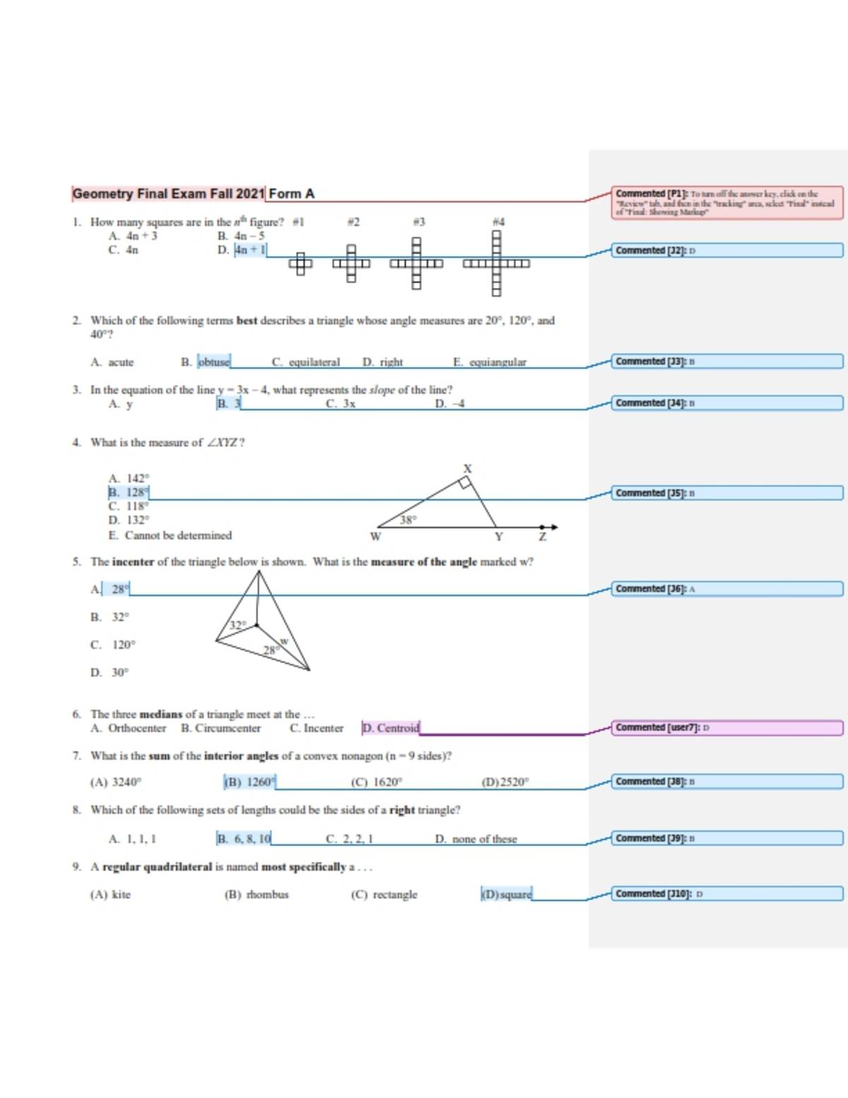 An educational teaching resource from Peter Jonnard entitled Geometry Final Exam with Answer Key (Fall) downloadable at Teach Simple.