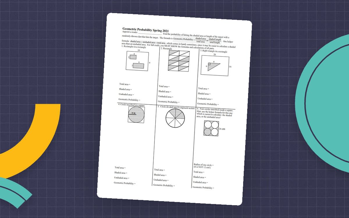 An educational teaching resource from Peter Jonnard entitled Geometry Probability Worksheet with Answer Key downloadable at Teach Simple.